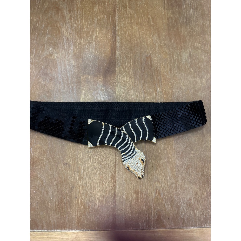 Vintage Snake Head Rhinestone Sequin Scale Elastic Cinch Waist Belt Black Gold